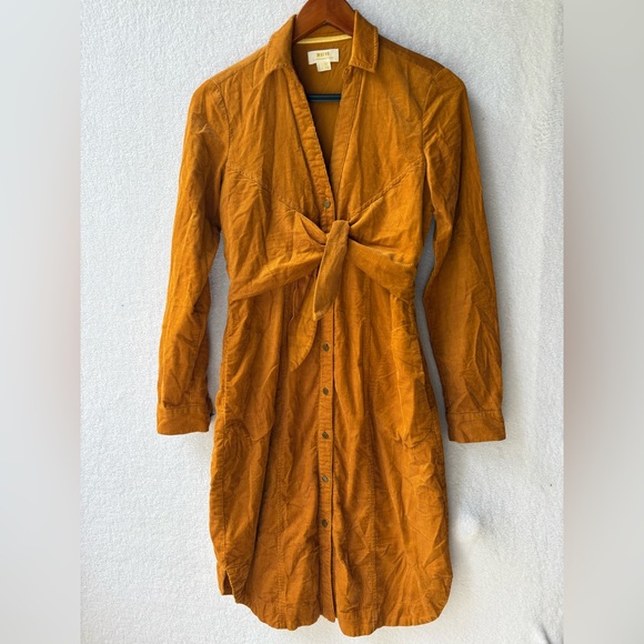 Anthropologie Dresses & Skirts - Maeve Anthropologie Mustard Tie Front Corduroy Mini Dress Long Sleeve